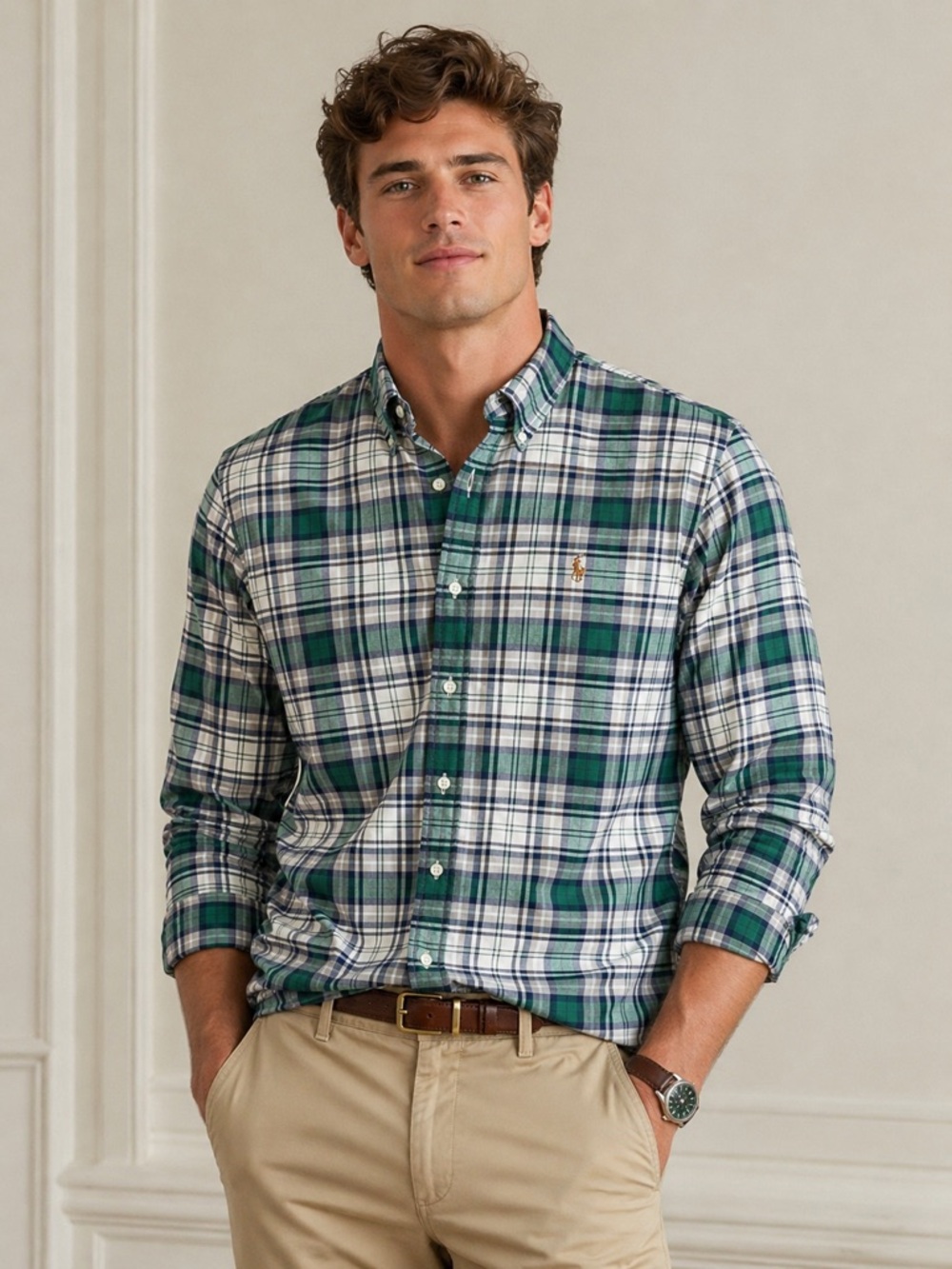 Ralph Lauren Green Blue Plaid Men's Shirt button down sz M long sleeve cotton